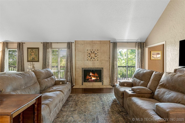 living room with dark wood-type flooring, a textured ceiling, a wealth of natural light, and a fireplace