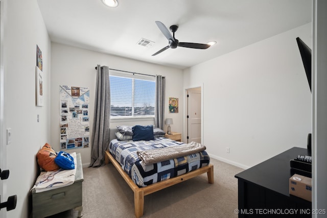 carpeted bedroom with baseboards, ceiling fan, recessed lighting, and visible vents