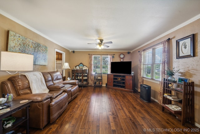 living room with ornamental molding, dark hardwood / wood-style floors, and ceiling fan