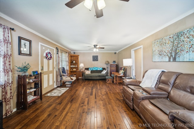 living room with crown molding, ceiling fan, and dark hardwood / wood-style floors