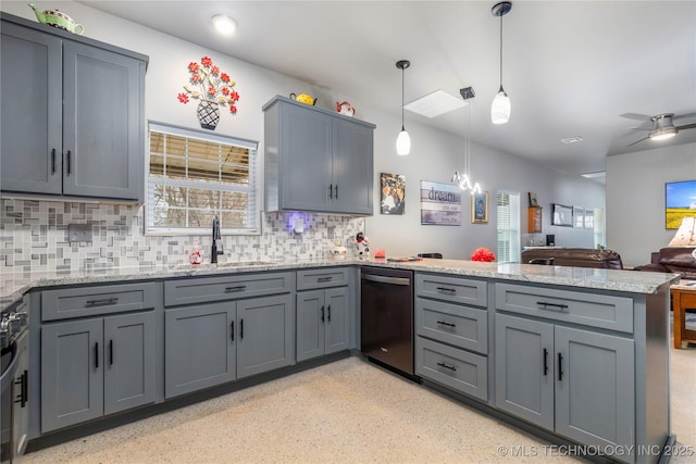 kitchen featuring tasteful backsplash, dishwashing machine, gray cabinets, kitchen peninsula, and pendant lighting