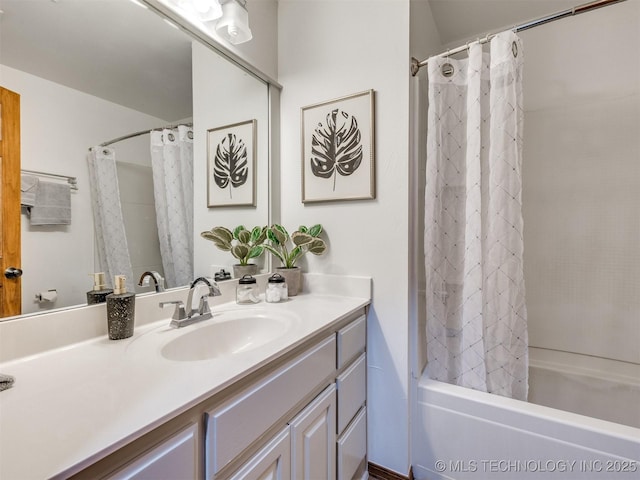 bathroom with vanity and shower / tub combo with curtain