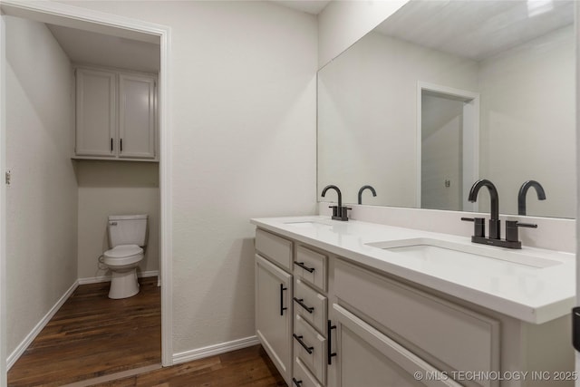 bathroom featuring vanity, toilet, and hardwood / wood-style floors