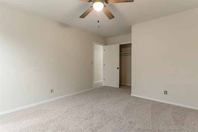 unfurnished bedroom featuring ceiling fan, a closet, and carpet floors