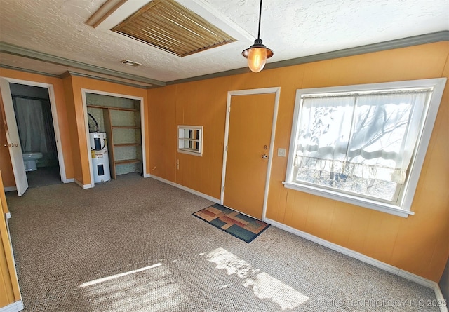 entrance foyer with a textured ceiling, water heater, and a wealth of natural light