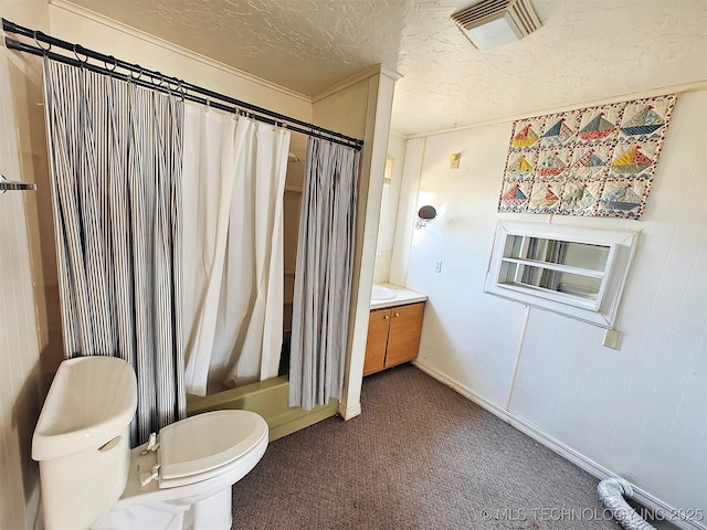 full bathroom with a textured ceiling, toilet, vanity, ornamental molding, and shower / bath combo with shower curtain