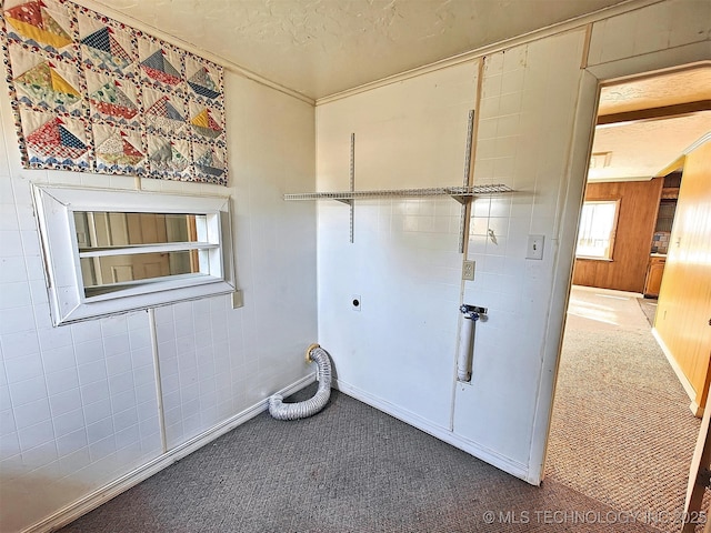 clothes washing area featuring dark colored carpet, a textured ceiling, hookup for an electric dryer, and wooden walls