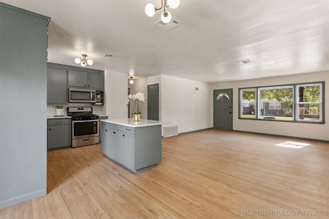 kitchen featuring light wood-type flooring, tasteful backsplash, gray cabinets, a kitchen island, and stainless steel appliances