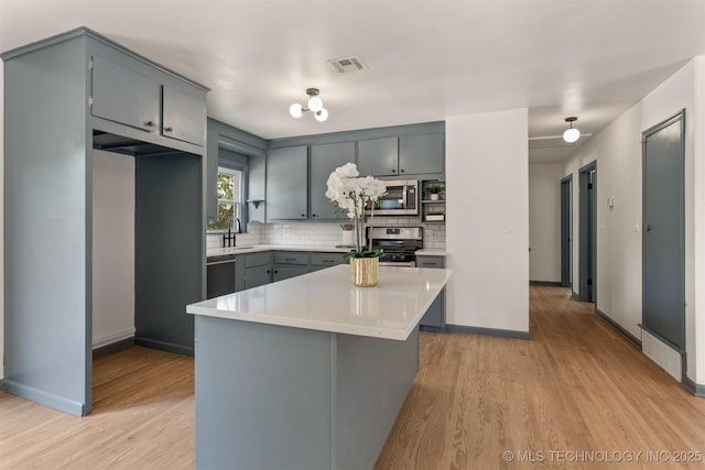 kitchen with stainless steel appliances, a center island, gray cabinetry, and backsplash