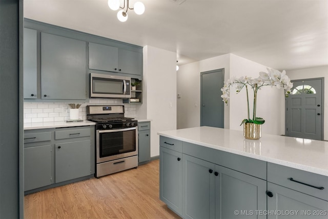 kitchen featuring gray cabinets, appliances with stainless steel finishes, light hardwood / wood-style flooring, and tasteful backsplash