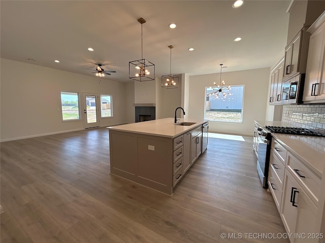 kitchen with a fireplace, light wood-style flooring, appliances with stainless steel finishes, a sink, and decorative backsplash