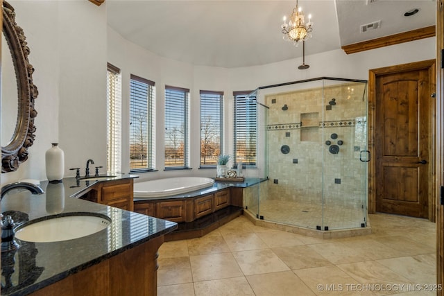 bathroom featuring crown molding, separate shower and tub, tile patterned flooring, vanity, and an inviting chandelier