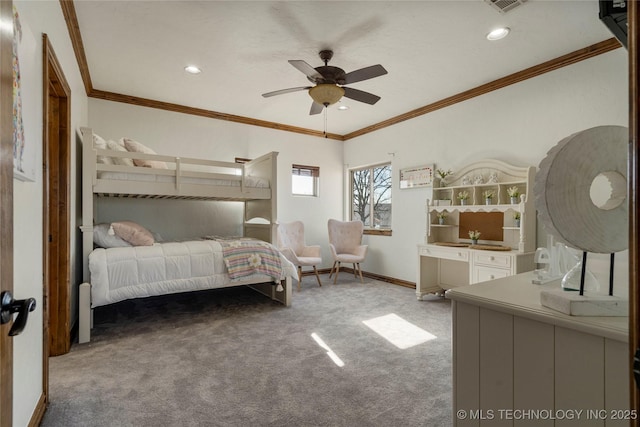 bedroom with ceiling fan, carpet, and crown molding