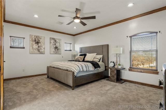 bedroom with ceiling fan, light colored carpet, and ornamental molding