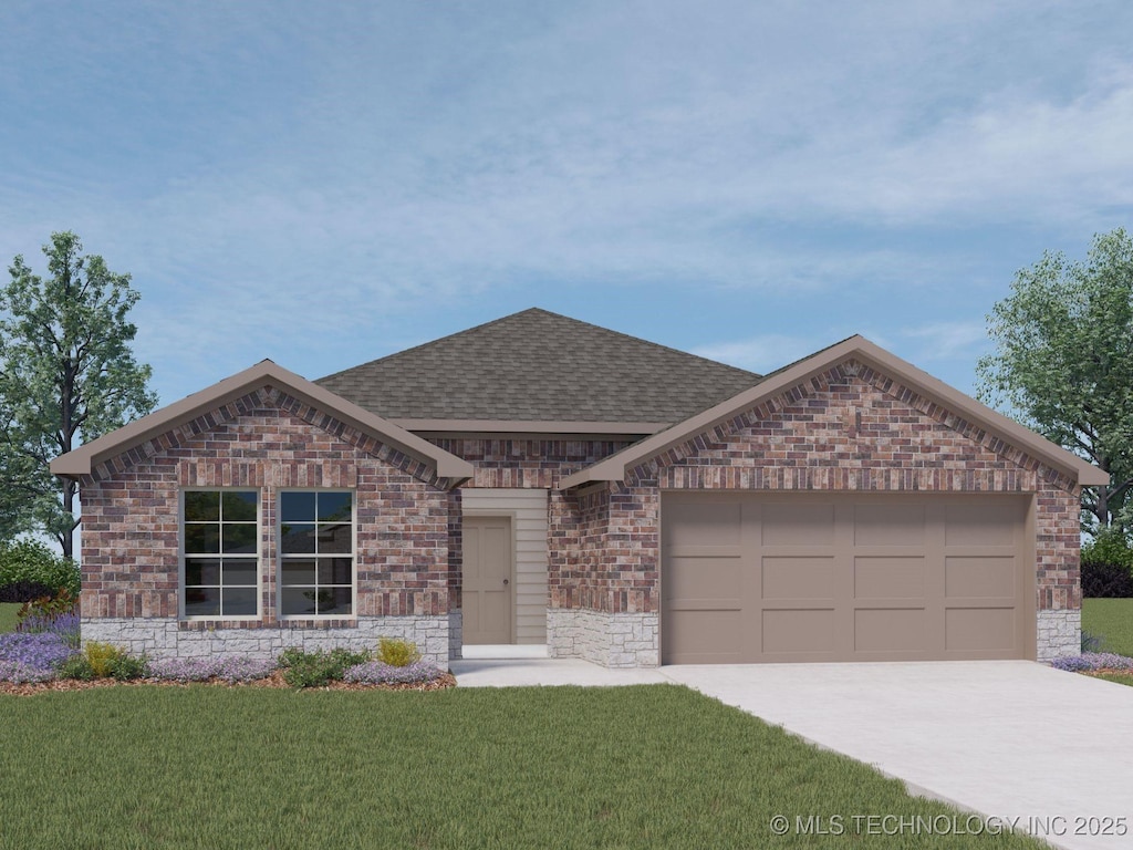 single story home featuring a garage and a front yard