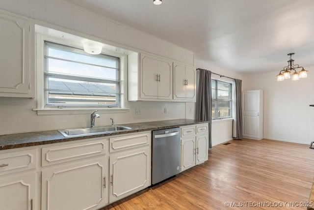 kitchen with decorative light fixtures, sink, white cabinetry, and dishwasher