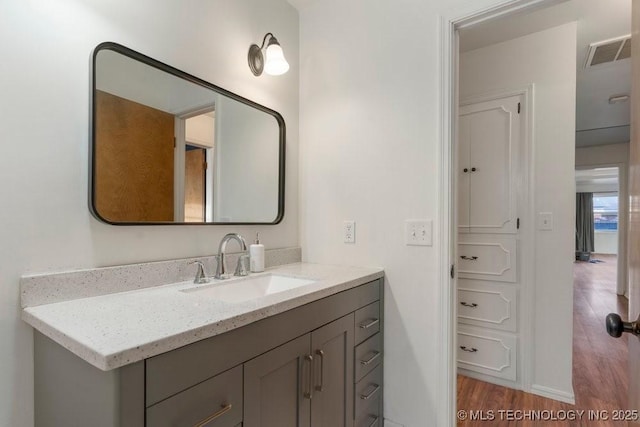 bathroom with hardwood / wood-style floors and vanity