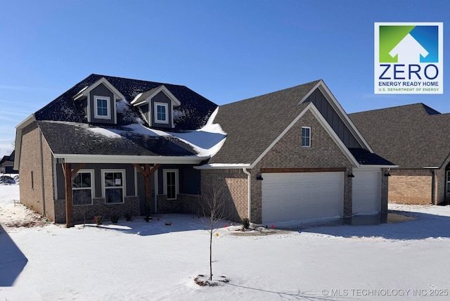 view of front facade featuring an attached garage, a porch, board and batten siding, and brick siding