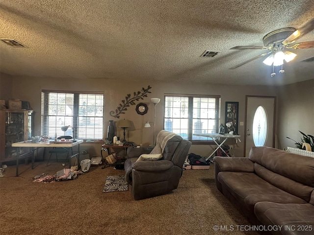 carpeted living room with ceiling fan, plenty of natural light, and a textured ceiling