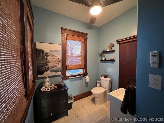 bathroom featuring tile patterned flooring, ceiling fan, and toilet