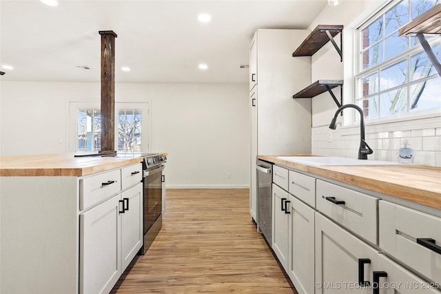 kitchen featuring sink, white cabinets, wood counters, and appliances with stainless steel finishes