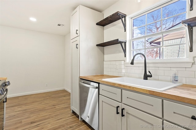 kitchen with white cabinets, dishwasher, wooden counters, decorative backsplash, and sink