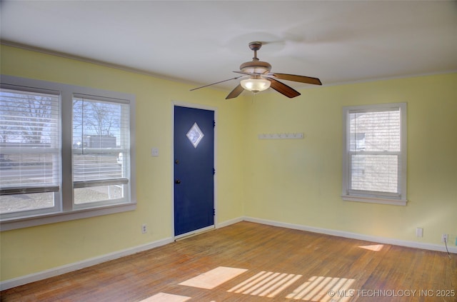 foyer featuring ceiling fan, light hardwood / wood-style flooring, and ornamental molding