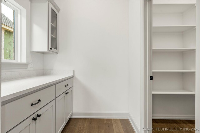 interior space featuring white cabinets, a healthy amount of sunlight, and dark wood-type flooring