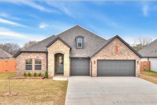 french country style house featuring stone siding, a shingled roof, a front yard, and concrete driveway