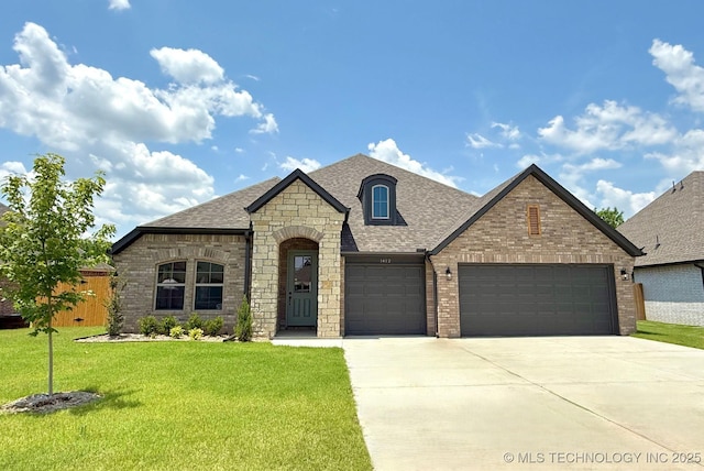 1412 N 70th St, Broken Arrow, OK 74014 - french provincial home featuring brick siding, a front lawn, driveway, roof with shingles, and an attached garage
