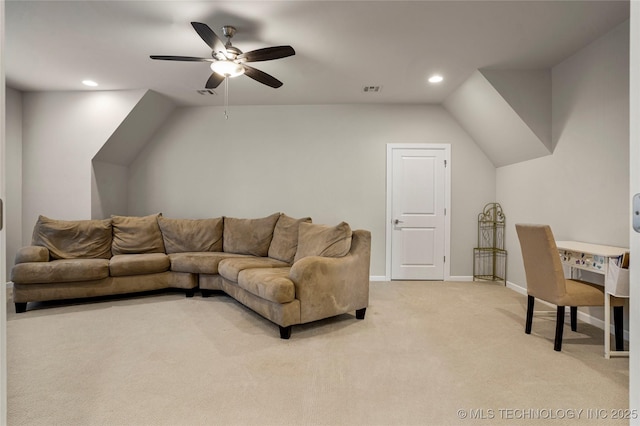 carpeted living room with lofted ceiling and ceiling fan