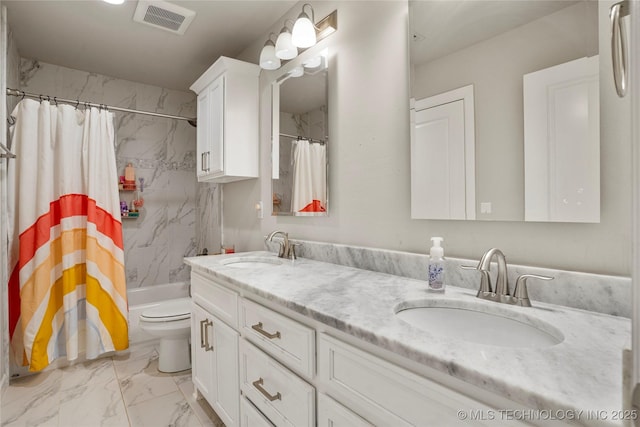 full bathroom featuring vanity, toilet, and shower / bathtub combination with curtain