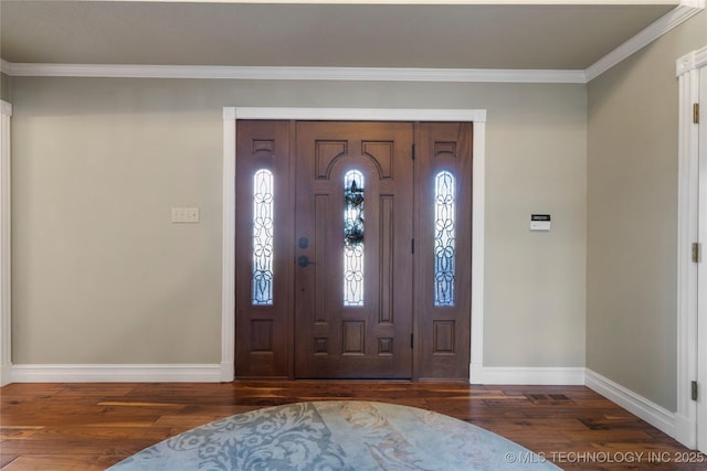 entrance foyer with crown molding and dark hardwood / wood-style floors