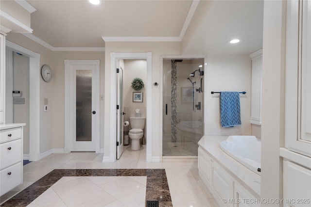 full bathroom featuring vanity, toilet, ornamental molding, and plus walk in shower