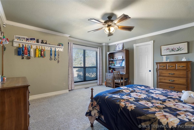 bedroom with a textured ceiling, light colored carpet, ceiling fan, and ornamental molding