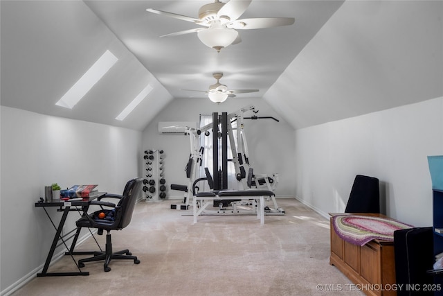 exercise area with a wall mounted air conditioner, light carpet, ceiling fan, and vaulted ceiling