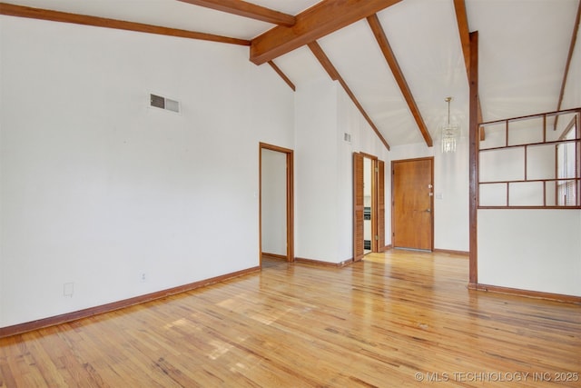 unfurnished room featuring light hardwood / wood-style flooring, beam ceiling, and high vaulted ceiling