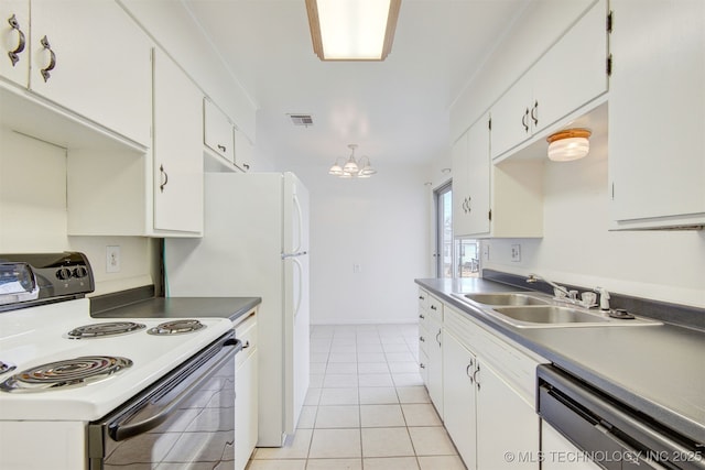 kitchen featuring white cabinetry, sink, dishwashing machine, range with electric stovetop, and light tile patterned flooring