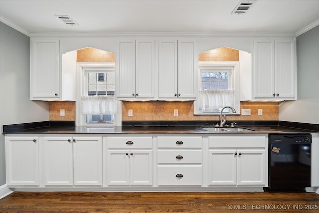 kitchen featuring dishwasher, sink, white cabinets, ornamental molding, and dark hardwood / wood-style floors