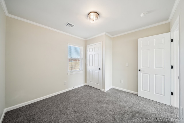 unfurnished bedroom featuring crown molding, a closet, and carpet