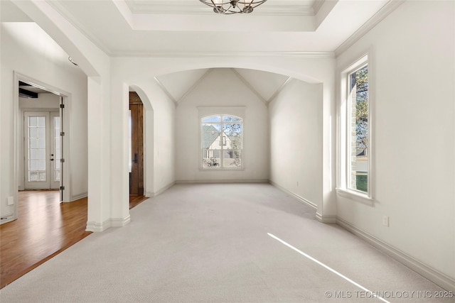 empty room with crown molding, light colored carpet, and lofted ceiling