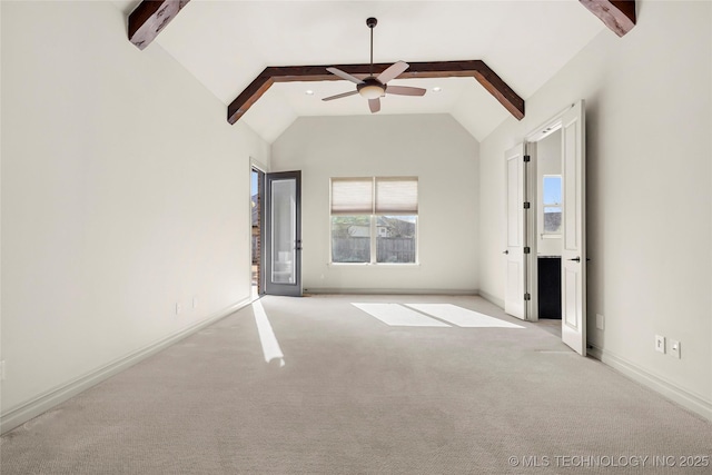 unfurnished living room with light carpet, beam ceiling, high vaulted ceiling, and ceiling fan