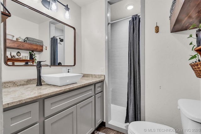 bathroom with a shower with curtain, vanity, and toilet