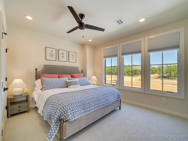 bedroom featuring carpet, visible vents, baseboards, and recessed lighting