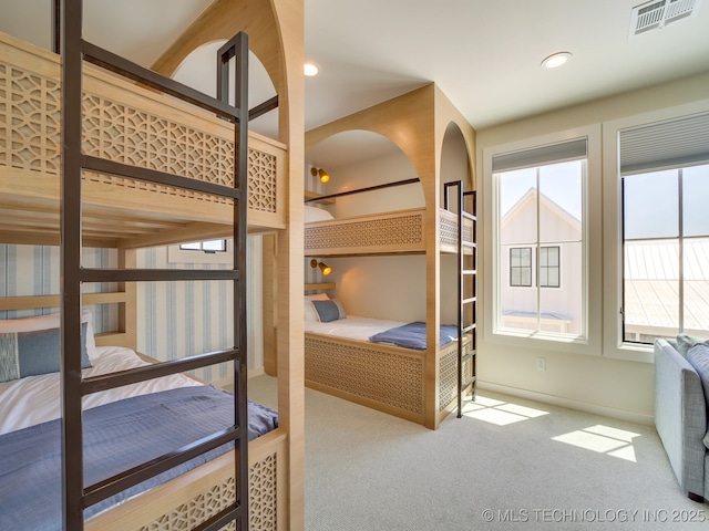 bedroom with recessed lighting, baseboards, visible vents, and carpet flooring