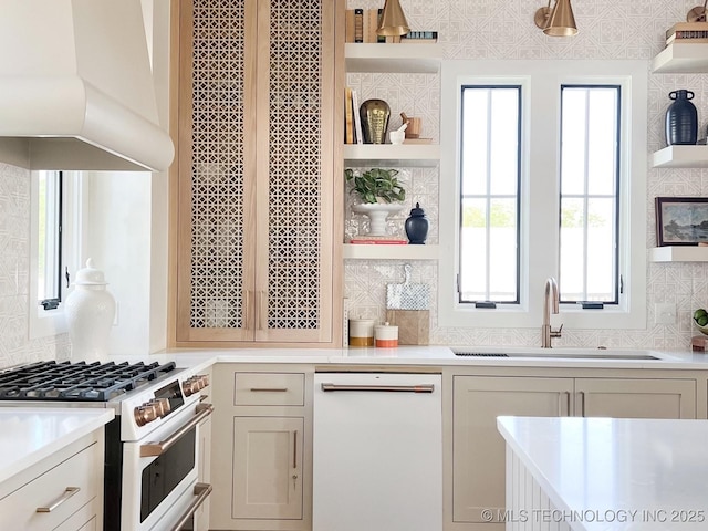 kitchen featuring tasteful backsplash, sink, exhaust hood, and white appliances