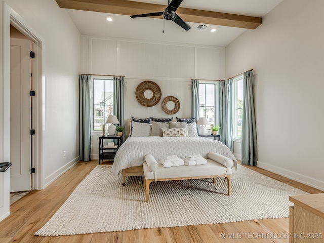 56 Center Ln N, Carlton Landing, OK 74432 - bedroom featuring multiple windows, light wood finished floors, beamed ceiling, recessed lighting, and ceiling fan