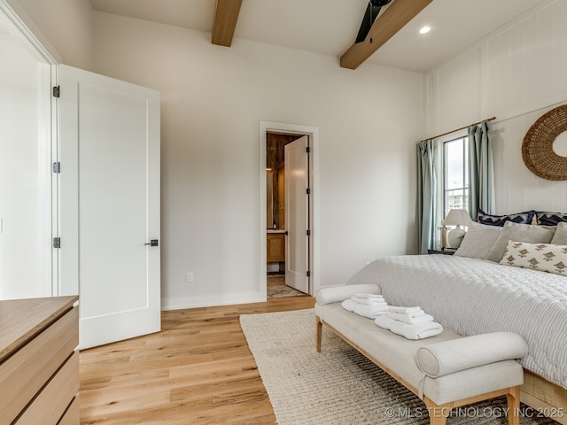56 Center Ln N, Carlton Landing, OK 74432 - bedroom featuring light wood-style floors, beam ceiling, recessed lighting, and ensuite bath