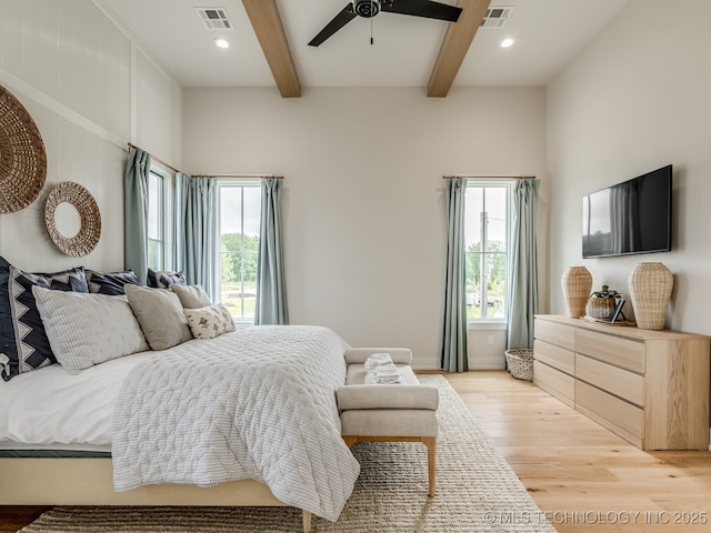56 Center Ln N, Carlton Landing, OK 74432 - bedroom with light wood-style flooring, beamed ceiling, ceiling fan, and recessed lighting
