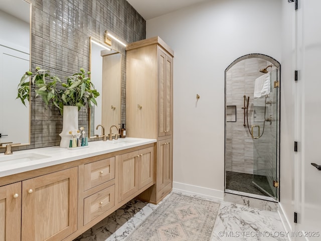 56 Center Ln N, Carlton Landing, OK 74432 - bathroom with marble finish flooring, double vanity, and a shower stall
